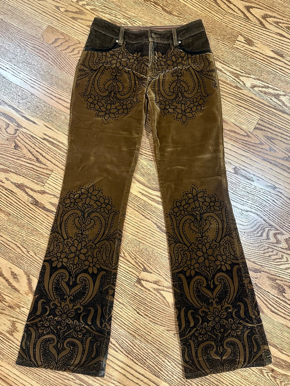 5/48 Women’s Brown Velvet Jeans with Black Paisley Print